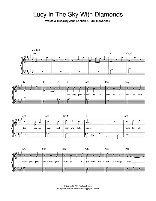 Preview The Beatles Lucy In The Sky With Diamonds Pop sheet music, notes and chords for Beginner Piano, SKU: 32191 sheet music, piano notes, chords, guitar tabs, score, transpose, transcribe, how to play, guide, download, learn, tutorial, progression, song, artist, awards, billboard, mtv, vh1, tour, single, album, release