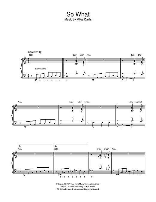 Preview Miles Davis So What Jazz sheet music, notes and chords for Beginner Piano, SKU: 32193 sheet music, piano notes, chords, guitar tabs, score, transpose, transcribe, how to play, guide, download, learn, tutorial, progression, song, artist, awards, billboard, mtv, vh1, tour, single, album, release