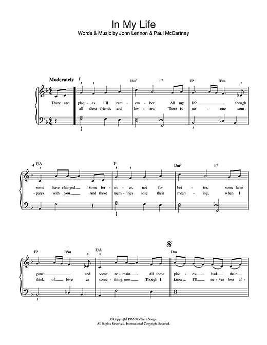 Preview The Beatles In My Life Pop sheet music, notes and chords for Beginner Piano, SKU: 32197 sheet music, piano notes, chords, guitar tabs, score, transpose, transcribe, how to play, guide, download, learn, tutorial, progression, song, artist, awards, billboard, mtv, vh1, tour, single, album, release
