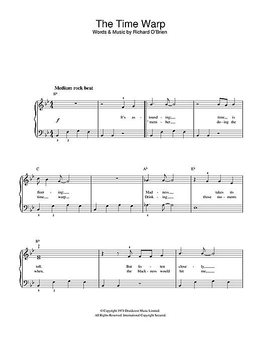 Preview Richard O'Brien The Time Warp (from The Rocky Horror Picture Show) Musicals sheet music, notes and chords for Beginner Piano, SKU: 32206 sheet music, piano notes, chords, guitar tabs, score, transpose, transcribe, how to play, guide, download, learn, tutorial, progression, song, artist, awards, billboard, mtv, vh1, tour, single, album, release