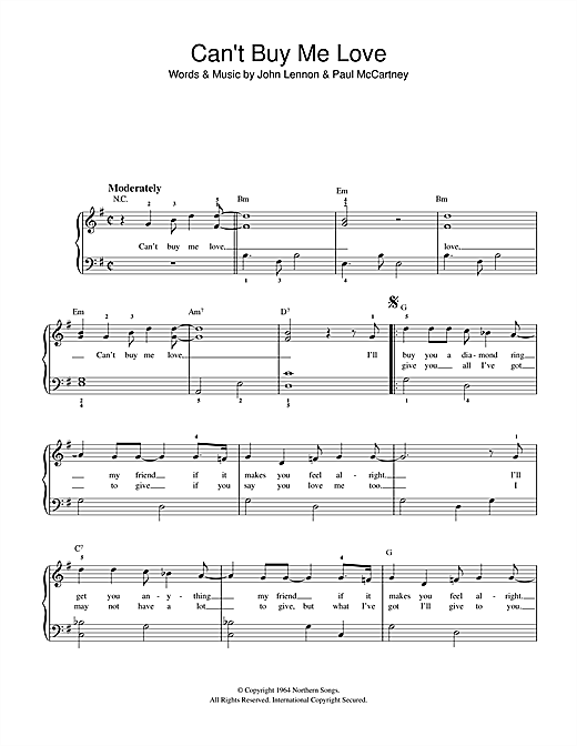 Preview The Beatles Can't Buy Me Love Pop sheet music, notes and chords for Beginner Piano, SKU: 32210 sheet music, piano notes, chords, guitar tabs, score, transpose, transcribe, how to play, guide, download, learn, tutorial, progression, song, artist, awards, billboard, mtv, vh1, tour, single, album, release