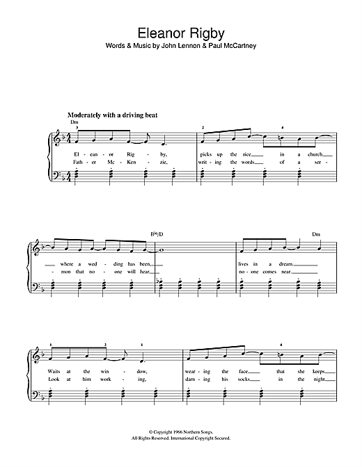 Preview The Beatles Eleanor Rigby Pop sheet music, notes and chords for Beginner Piano, SKU: 32211 sheet music, piano notes, chords, guitar tabs, score, transpose, transcribe, how to play, guide, download, learn, tutorial, progression, song, artist, awards, billboard, mtv, vh1, tour, single, album, release