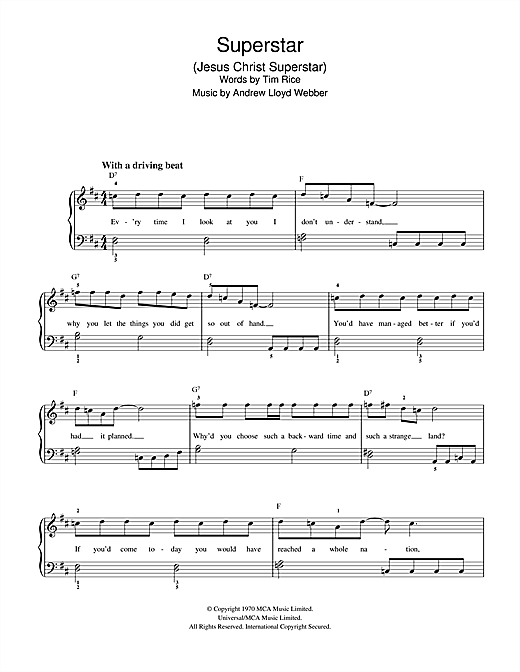 Preview Andrew Lloyd Webber Jesus Christ, Superstar Musicals sheet music, notes and chords for Beginner Piano, SKU: 32213 sheet music, piano notes, chords, guitar tabs, score, transpose, transcribe, how to play, guide, download, learn, tutorial, progression, song, artist, awards, billboard, mtv, vh1, tour, single, album, release