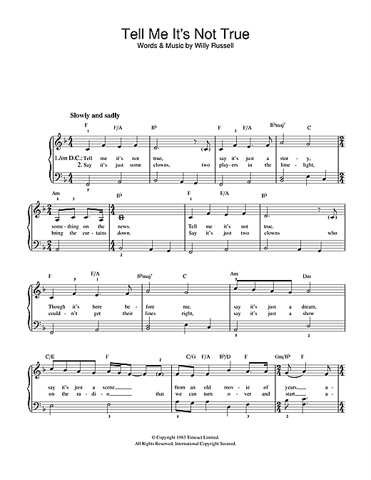 Preview Willy Russell Tell Me It's Not True (from Blood Brothers) Musicals sheet music, notes and chords for Beginner Piano, SKU: 32215 sheet music, piano notes, chords, guitar tabs, score, transpose, transcribe, how to play, guide, download, learn, tutorial, progression, song, artist, awards, billboard, mtv, vh1, tour, single, album, release