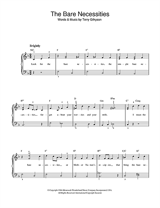 Preview Terry Gilkyson The Bare Necessities (from Disney's The Jungle Book) Children sheet music, notes and chords for Beginner Piano, SKU: 32216 sheet music, piano notes, chords, guitar tabs, score, transpose, transcribe, how to play, guide, download, learn, tutorial, progression, song, artist, awards, billboard, mtv, vh1, tour, single, album, release