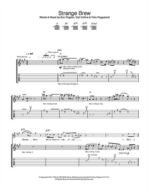 Preview Cream Strange Brew Rock sheet music, notes and chords for Guitar Tab, SKU: 32217 sheet music, piano notes, chords, guitar tabs, score, transpose, transcribe, how to play, guide, download, learn, tutorial, progression, song, artist, awards, billboard, mtv, vh1, tour, single, album, release