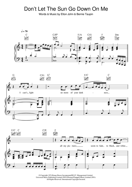Preview Elton John Don't Let The Sun Go Down On Me Pop sheet music, notes and chords for Piano, Vocal & Guitar, SKU: 32218 sheet music, piano notes, chords, guitar tabs, score, transpose, transcribe, how to play, guide, download, learn, tutorial, progression, song, artist, awards, billboard, mtv, vh1, tour, single, album, release
