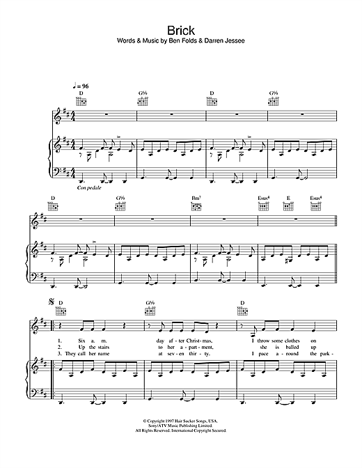 Preview Ben Folds Five Brick Pop sheet music, notes and chords for Piano, Vocal & Guitar, SKU: 32220 sheet music, piano notes, chords, guitar tabs, score, transpose, transcribe, how to play, guide, download, learn, tutorial, progression, song, artist, awards, billboard, mtv, vh1, tour, single, album, release