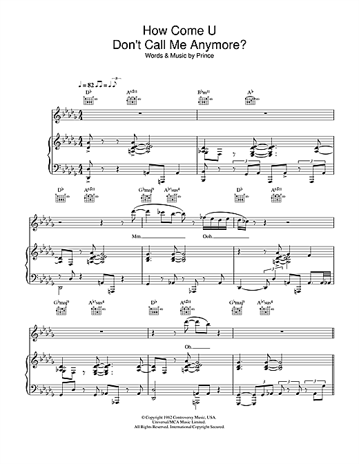 Preview Prince How Come U Don't Call Me Anymore Pop sheet music, notes and chords for Piano, Vocal & Guitar, SKU: 32221 sheet music, piano notes, chords, guitar tabs, score, transpose, transcribe, how to play, guide, download, learn, tutorial, progression, song, artist, awards, billboard, mtv, vh1, tour, single, album, release