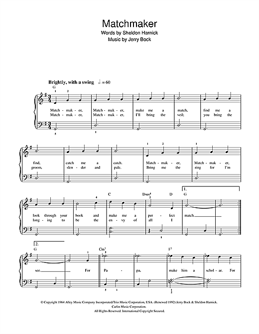 Preview Bock & Harnick Matchmaker (from The Fiddler On The Roof) Musicals sheet music, notes and chords for Beginner Piano, SKU: 32225 sheet music, piano notes, chords, guitar tabs, score, transpose, transcribe, how to play, guide, download, learn, tutorial, progression, song, artist, awards, billboard, mtv, vh1, tour, single, album, release