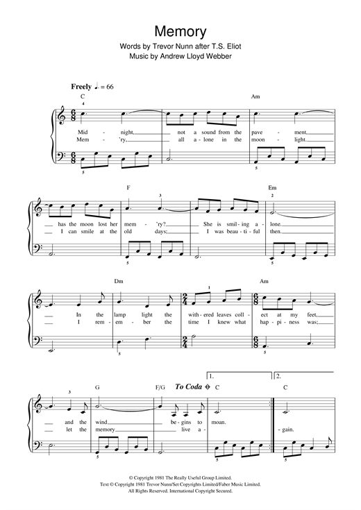Preview Andrew Lloyd Webber Memory (from Cats) Musicals sheet music, notes and chords for Beginner Piano, SKU: 32226 sheet music, piano notes, chords, guitar tabs, score, transpose, transcribe, how to play, guide, download, learn, tutorial, progression, song, artist, awards, billboard, mtv, vh1, tour, single, album, release