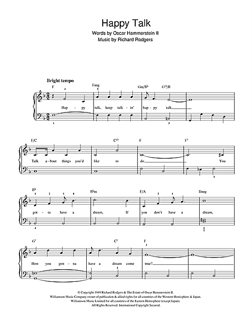 Preview Rodgers & Hammerstein Happy Talk (from South Pacific) Musicals sheet music, notes and chords for Beginner Piano, SKU: 32227 sheet music, piano notes, chords, guitar tabs, score, transpose, transcribe, how to play, guide, download, learn, tutorial, progression, song, artist, awards, billboard, mtv, vh1, tour, single, album, release