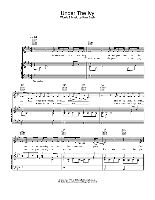 Preview Kate Bush Under The Ivy Ballad sheet music, notes and chords for Piano, Vocal & Guitar, SKU: 32230 sheet music, piano notes, chords, guitar tabs, score, transpose, transcribe, how to play, guide, download, learn, tutorial, progression, song, artist, awards, billboard, mtv, vh1, tour, single, album, release