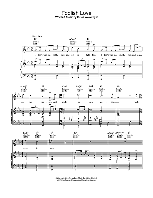 Preview Rufus Wainwright Foolish Love Ballad sheet music, notes and chords for Piano, Vocal & Guitar, SKU: 32231 sheet music, piano notes, chords, guitar tabs, score, transpose, transcribe, how to play, guide, download, learn, tutorial, progression, song, artist, awards, billboard, mtv, vh1, tour, single, album, release