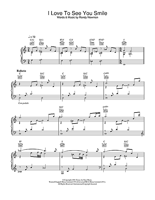 Preview Randy Newman I Love To See You Smile Jazz sheet music, notes and chords for Piano, Vocal & Guitar, SKU: 32232 sheet music, piano notes, chords, guitar tabs, score, transpose, transcribe, how to play, guide, download, learn, tutorial, progression, song, artist, awards, billboard, mtv, vh1, tour, single, album, release
