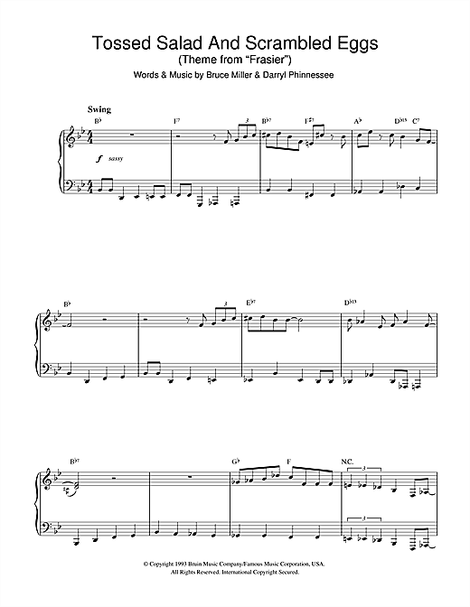Preview Kelsey Grammer Tossed Salad And Scrambled Eggs (theme from Frasier) Film and TV sheet music, notes and chords for Piano, SKU: 32233 sheet music, piano notes, chords, guitar tabs, score, transpose, transcribe, how to play, guide, download, learn, tutorial, progression, song, artist, awards, billboard, mtv, vh1, tour, single, album, release