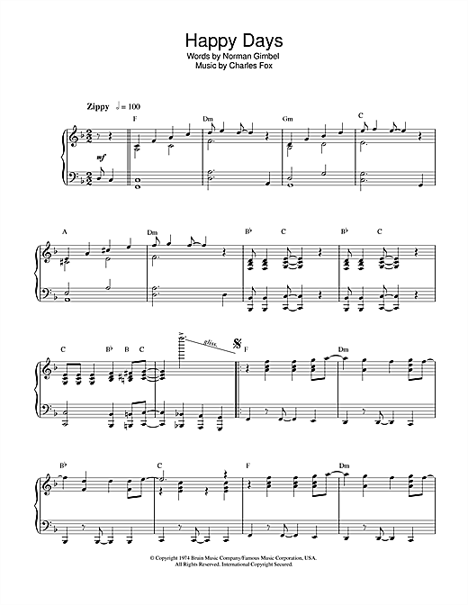 Preview Charles Fox Happy Days (from the TV series) Film and TV sheet music, notes and chords for Piano, SKU: 32235 sheet music, piano notes, chords, guitar tabs, score, transpose, transcribe, how to play, guide, download, learn, tutorial, progression, song, artist, awards, billboard, mtv, vh1, tour, single, album, release