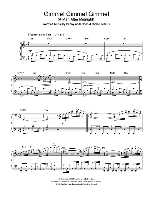 Preview ABBA Gimme! Gimme! Gimme! (A Man After Midnight) Pop sheet music, notes and chords for Piano, SKU: 32236 sheet music, piano notes, chords, guitar tabs, score, transpose, transcribe, how to play, guide, download, learn, tutorial, progression, song, artist, awards, billboard, mtv, vh1, tour, single, album, release