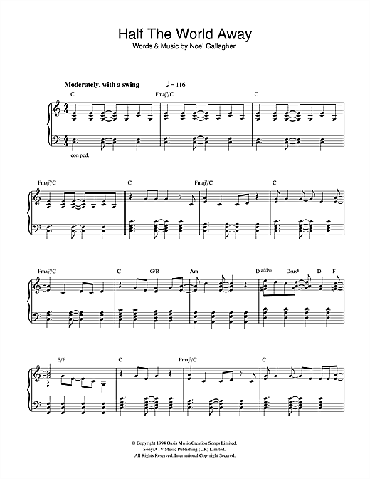 Preview Oasis Half The World Away Rock sheet music, notes and chords for Piano, SKU: 32238 sheet music, piano notes, chords, guitar tabs, score, transpose, transcribe, how to play, guide, download, learn, tutorial, progression, song, artist, awards, billboard, mtv, vh1, tour, single, album, release