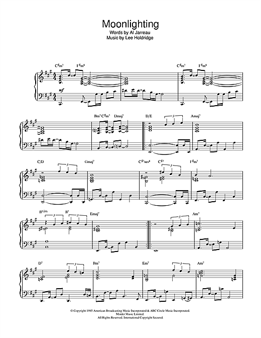 Preview Al Jarreau Moonlighting Film and TV sheet music, notes and chords for Piano, SKU: 32239 sheet music, piano notes, chords, guitar tabs, score, transpose, transcribe, how to play, guide, download, learn, tutorial, progression, song, artist, awards, billboard, mtv, vh1, tour, single, album, release