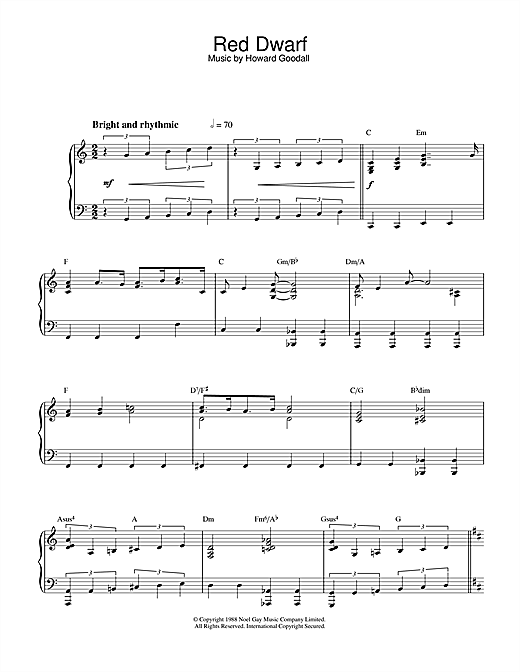 Preview Howard Goodall Theme from Red Dwarf Film and TV sheet music, notes and chords for Piano, SKU: 32242 sheet music, piano notes, chords, guitar tabs, score, transpose, transcribe, how to play, guide, download, learn, tutorial, progression, song, artist, awards, billboard, mtv, vh1, tour, single, album, release