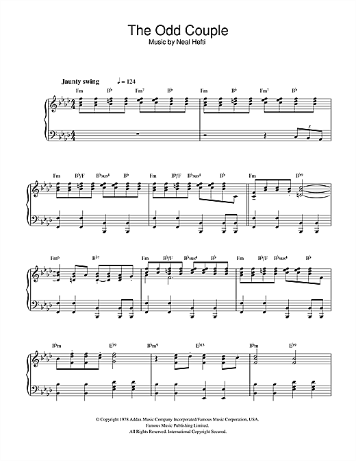 Preview Neal Hefti Theme from The Odd Couple Film and TV sheet music, notes and chords for Piano, SKU: 32244 sheet music, piano notes, chords, guitar tabs, score, transpose, transcribe, how to play, guide, download, learn, tutorial, progression, song, artist, awards, billboard, mtv, vh1, tour, single, album, release