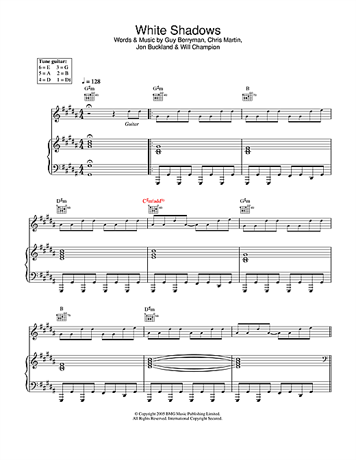Preview Coldplay White Shadows Rock sheet music, notes and chords for Piano, Vocal & Guitar, SKU: 32246 sheet music, piano notes, chords, guitar tabs, score, transpose, transcribe, how to play, guide, download, learn, tutorial, progression, song, artist, awards, billboard, mtv, vh1, tour, single, album, release
