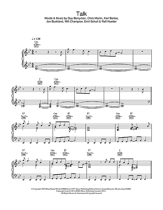 Preview Coldplay Talk Rock sheet music, notes and chords for Piano, Vocal & Guitar, SKU: 32248 sheet music, piano notes, chords, guitar tabs, score, transpose, transcribe, how to play, guide, download, learn, tutorial, progression, song, artist, awards, billboard, mtv, vh1, tour, single, album, release