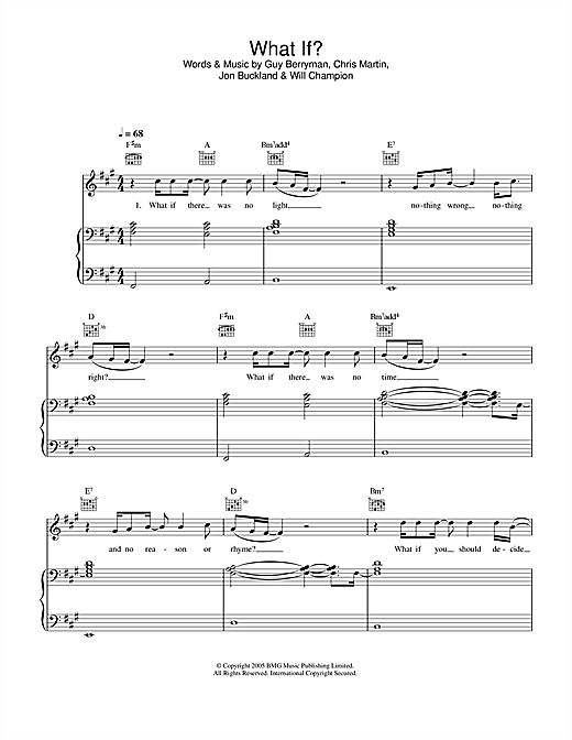 Preview Coldplay What If? Rock sheet music, notes and chords for Piano, Vocal & Guitar, SKU: 32250 sheet music, piano notes, chords, guitar tabs, score, transpose, transcribe, how to play, guide, download, learn, tutorial, progression, song, artist, awards, billboard, mtv, vh1, tour, single, album, release