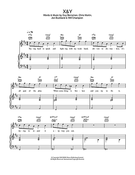Preview Coldplay X&Y Rock sheet music, notes and chords for Piano, Vocal & Guitar, SKU: 32251 sheet music, piano notes, chords, guitar tabs, score, transpose, transcribe, how to play, guide, download, learn, tutorial, progression, song, artist, awards, billboard, mtv, vh1, tour, single, album, release