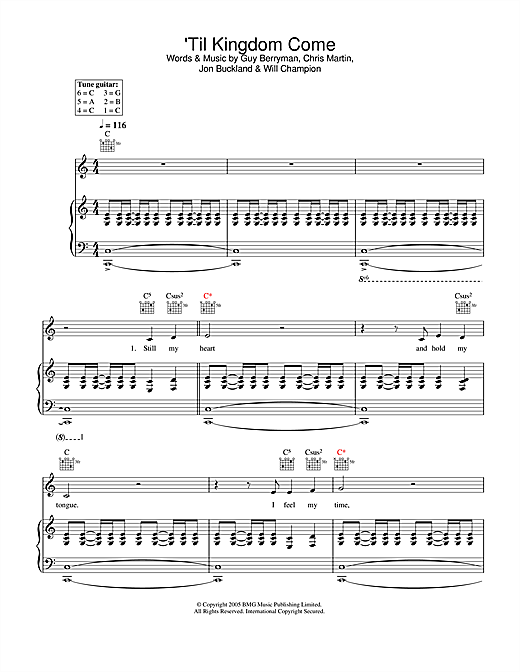 Preview Coldplay 'Til Kingdom Come Rock sheet music, notes and chords for Piano, Vocal & Guitar, SKU: 32255 sheet music, piano notes, chords, guitar tabs, score, transpose, transcribe, how to play, guide, download, learn, tutorial, progression, song, artist, awards, billboard, mtv, vh1, tour, single, album, release