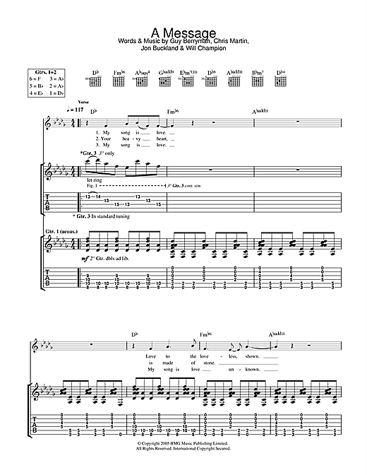 Preview Coldplay A Message Rock sheet music, notes and chords for Guitar Tab, SKU: 32263 sheet music, piano notes, chords, guitar tabs, score, transpose, transcribe, how to play, guide, download, learn, tutorial, progression, song, artist, awards, billboard, mtv, vh1, tour, single, album, release