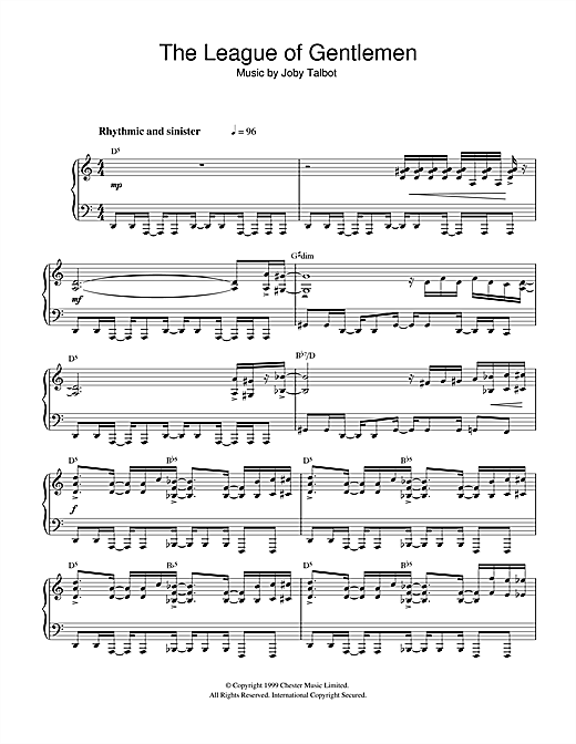 Preview Joby Talbot The League Of Gentlemen Film and TV sheet music, notes and chords for Piano, SKU: 32270 sheet music, piano notes, chords, guitar tabs, score, transpose, transcribe, how to play, guide, download, learn, tutorial, progression, song, artist, awards, billboard, mtv, vh1, tour, single, album, release