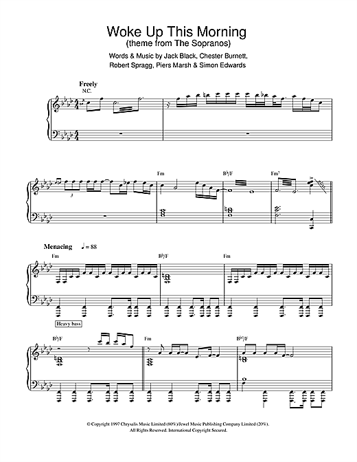 Preview Alabama 3 Woke Up This Morning (theme from The Sopranos) Film and TV sheet music, notes and chords for Piano, SKU: 32276 sheet music, piano notes, chords, guitar tabs, score, transpose, transcribe, how to play, guide, download, learn, tutorial, progression, song, artist, awards, billboard, mtv, vh1, tour, single, album, release