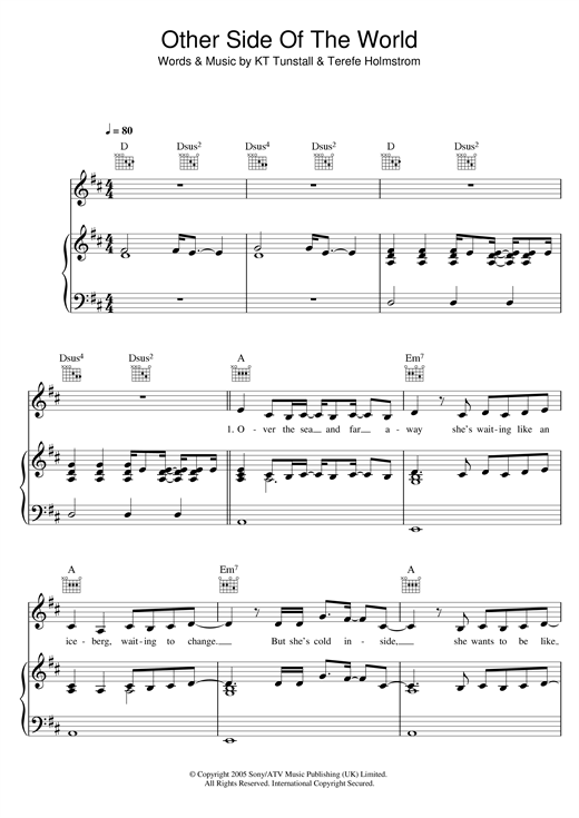 Preview KT Tunstall Other Side Of The World Pop sheet music, notes and chords for Piano, Vocal & Guitar (Right-Hand Melody), SKU: 32284 sheet music, piano notes, chords, guitar tabs, score, transpose, transcribe, how to play, guide, download, learn, tutorial, progression, song, artist, awards, billboard, mtv, vh1, tour, single, album, release