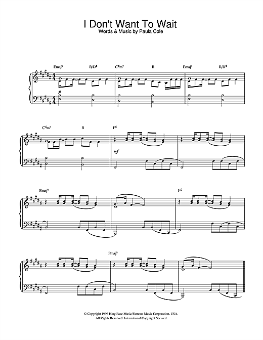 Preview Paula Cole I Don't Want To Wait (theme from Dawson's Creek) Film and TV sheet music, notes and chords for Piano, SKU: 32287 sheet music, piano notes, chords, guitar tabs, score, transpose, transcribe, how to play, guide, download, learn, tutorial, progression, song, artist, awards, billboard, mtv, vh1, tour, single, album, release