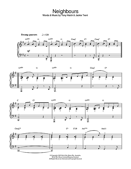 Preview Tony Hatch Theme from Neighbours Film and TV sheet music, notes and chords for Piano, SKU: 32289 sheet music, piano notes, chords, guitar tabs, score, transpose, transcribe, how to play, guide, download, learn, tutorial, progression, song, artist, awards, billboard, mtv, vh1, tour, single, album, release