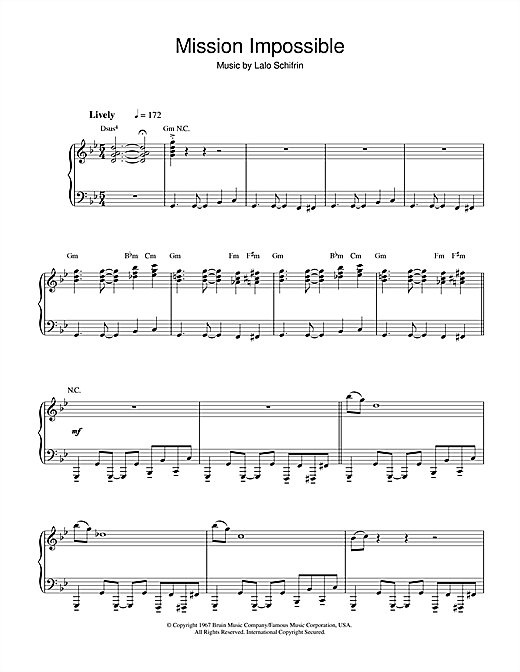 Preview Lalo Schifrin Mission: Impossible Theme (Mission Accomplished) Film and TV sheet music, notes and chords for Piano, SKU: 32290 sheet music, piano notes, chords, guitar tabs, score, transpose, transcribe, how to play, guide, download, learn, tutorial, progression, song, artist, awards, billboard, mtv, vh1, tour, single, album, release
