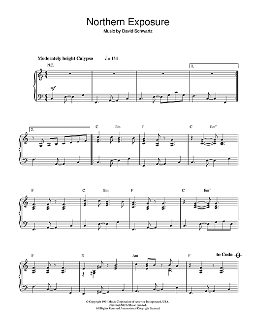 Preview David Schwartz Northern Exposure Film and TV sheet music, notes and chords for Piano, SKU: 32291 sheet music, piano notes, chords, guitar tabs, score, transpose, transcribe, how to play, guide, download, learn, tutorial, progression, song, artist, awards, billboard, mtv, vh1, tour, single, album, release