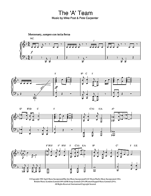 Preview Mike Post Theme from The 'A' Team Film and TV sheet music, notes and chords for Piano, SKU: 32293 sheet music, piano notes, chords, guitar tabs, score, transpose, transcribe, how to play, guide, download, learn, tutorial, progression, song, artist, awards, billboard, mtv, vh1, tour, single, album, release