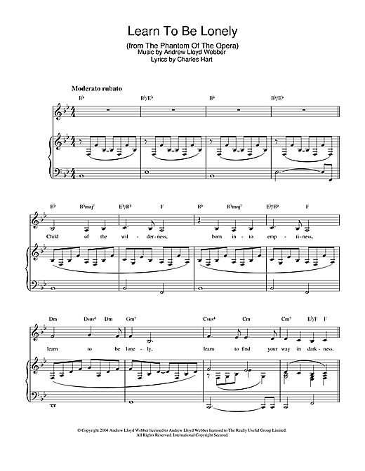 Preview Andrew Lloyd Webber Learn To Be Lonely (from The Phantom Of The Opera) Musicals sheet music, notes and chords for Piano, Vocal & Guitar (Right-Hand Melody), SKU: 32297 sheet music, piano notes, chords, guitar tabs, score, transpose, transcribe, how to play, guide, download, learn, tutorial, progression, song, artist, awards, billboard, mtv, vh1, tour, single, album, release