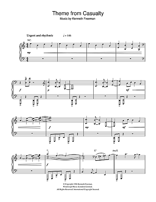 Preview Kenneth Freeman Theme from Casualty Film and TV sheet music, notes and chords for Piano, SKU: 32298 sheet music, piano notes, chords, guitar tabs, score, transpose, transcribe, how to play, guide, download, learn, tutorial, progression, song, artist, awards, billboard, mtv, vh1, tour, single, album, release