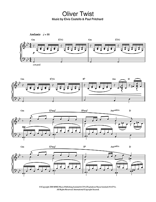Preview Elvis Costello Oliver Twist Film and TV sheet music, notes and chords for Piano, SKU: 32304 sheet music, piano notes, chords, guitar tabs, score, transpose, transcribe, how to play, guide, download, learn, tutorial, progression, song, artist, awards, billboard, mtv, vh1, tour, single, album, release