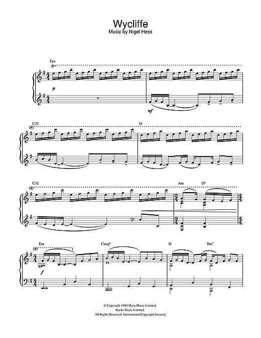 Preview Nigel Hess Theme from Wycliffe Film and TV sheet music, notes and chords for Piano, SKU: 32307 sheet music, piano notes, chords, guitar tabs, score, transpose, transcribe, how to play, guide, download, learn, tutorial, progression, song, artist, awards, billboard, mtv, vh1, tour, single, album, release