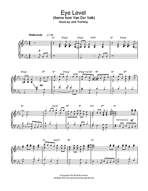 Preview Jack Trombey Eye Level (theme from Van Der Valk) Film and TV sheet music, notes and chords for Piano, SKU: 32310 sheet music, piano notes, chords, guitar tabs, score, transpose, transcribe, how to play, guide, download, learn, tutorial, progression, song, artist, awards, billboard, mtv, vh1, tour, single, album, release