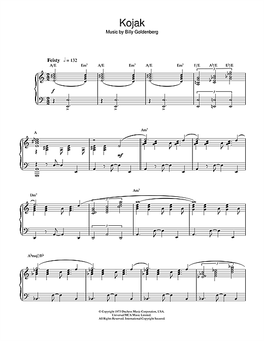 Preview Billy Goldenberg Theme from Kojak Film and TV sheet music, notes and chords for Piano, SKU: 32315 sheet music, piano notes, chords, guitar tabs, score, transpose, transcribe, how to play, guide, download, learn, tutorial, progression, song, artist, awards, billboard, mtv, vh1, tour, single, album, release