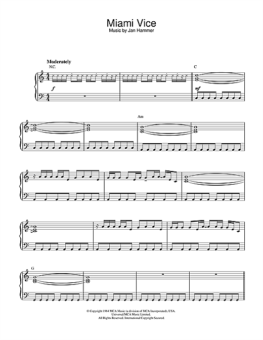 Preview Jan Hammer Theme from Miami Vice Film and TV sheet music, notes and chords for Piano, SKU: 32316 sheet music, piano notes, chords, guitar tabs, score, transpose, transcribe, how to play, guide, download, learn, tutorial, progression, song, artist, awards, billboard, mtv, vh1, tour, single, album, release