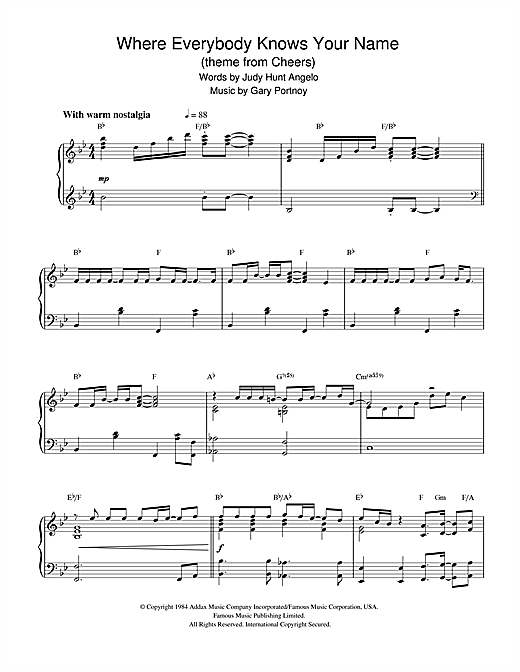 Preview Gary Portnoy Where Everybody Knows Your Name (theme from Cheers) Film and TV sheet music, notes and chords for Piano, SKU: 32319 sheet music, piano notes, chords, guitar tabs, score, transpose, transcribe, how to play, guide, download, learn, tutorial, progression, song, artist, awards, billboard, mtv, vh1, tour, single, album, release