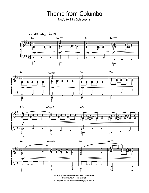 Preview Billy Goldenberg Theme from Columbo Film and TV sheet music, notes and chords for Piano, SKU: 32321 sheet music, piano notes, chords, guitar tabs, score, transpose, transcribe, how to play, guide, download, learn, tutorial, progression, song, artist, awards, billboard, mtv, vh1, tour, single, album, release
