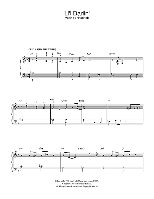 Preview Neal Hefti Li'l Darlin' Jazz sheet music, notes and chords for Beginner Piano, SKU: 32322 sheet music, piano notes, chords, guitar tabs, score, transpose, transcribe, how to play, guide, download, learn, tutorial, progression, song, artist, awards, billboard, mtv, vh1, tour, single, album, release